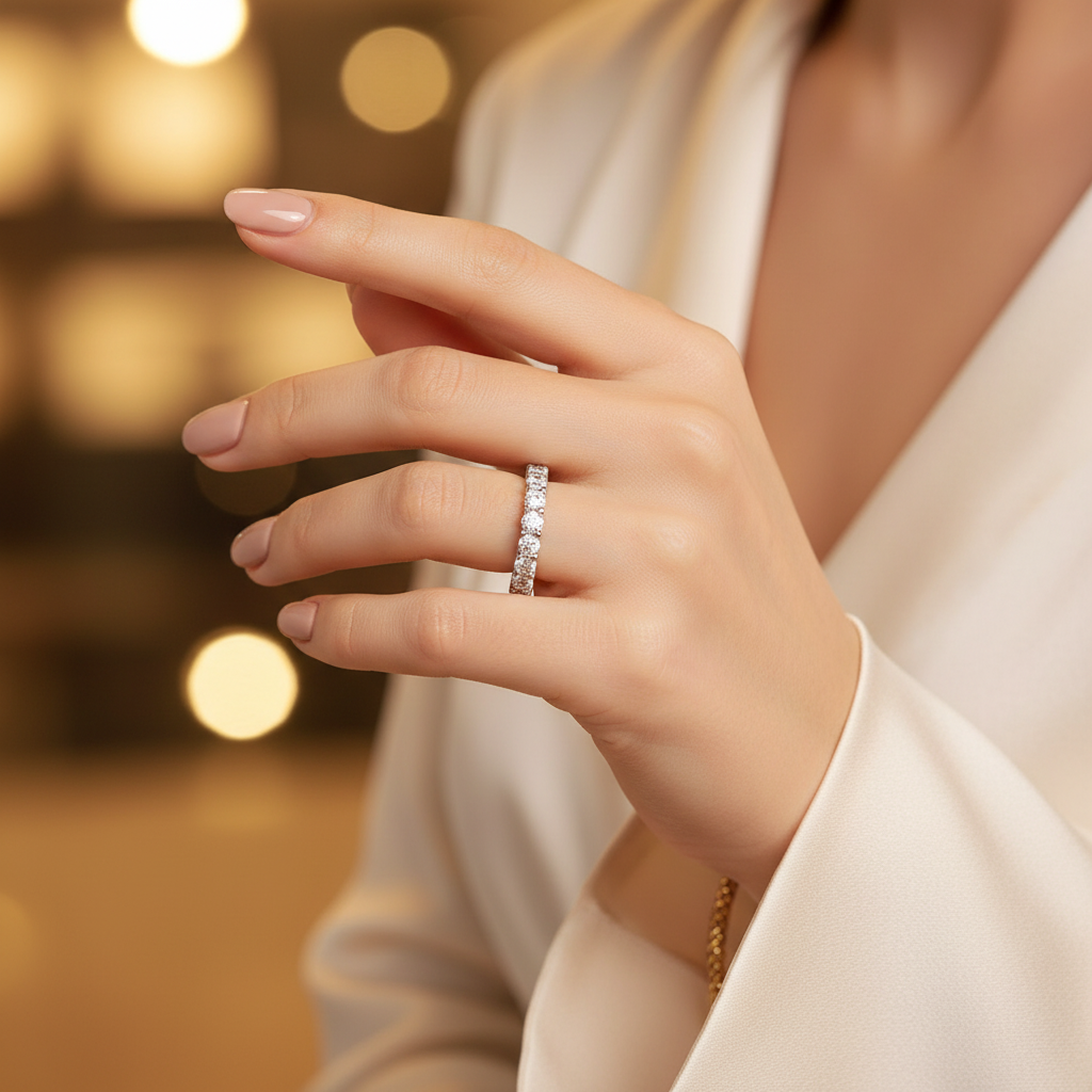 Silver ring with stacked small clear stones on a slim band, worn on a hand