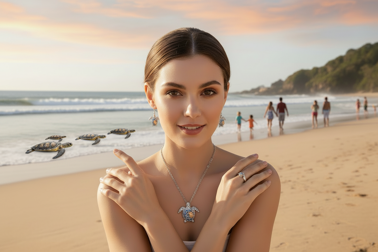 Turtle pendant necklace with matching turtle rings on a bikini-clad model