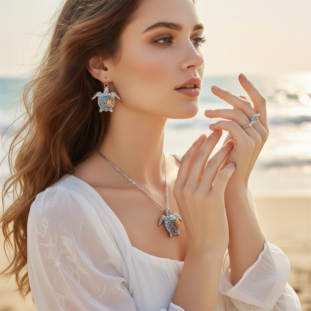 Turtle drop earrings, turtle pendant necklace, and turtle ring on model hands