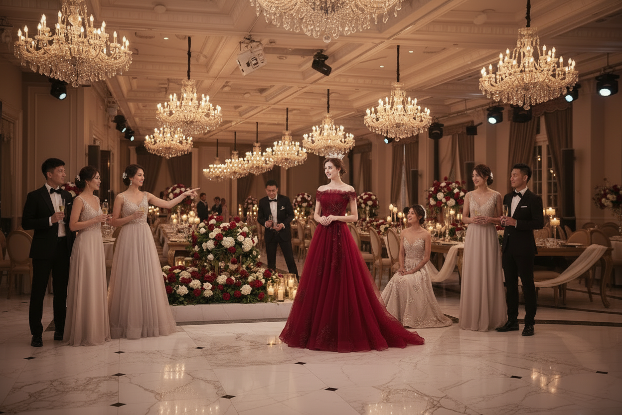 Burgundy off-shoulder gown with corset-style bodice and full flowing skirt