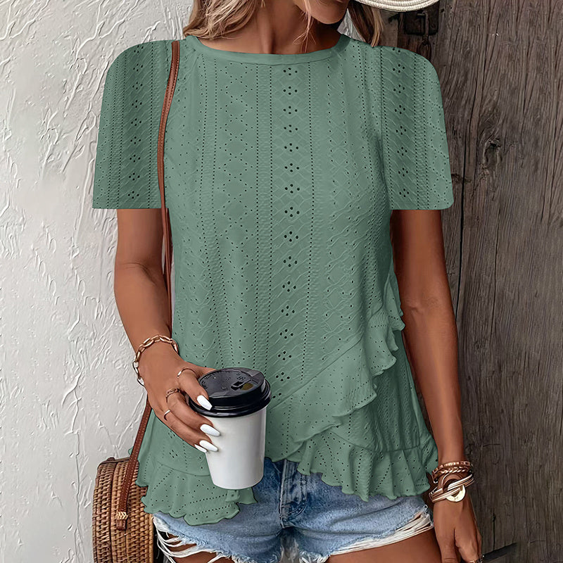 Women's Ruffle Hem Short Sleeve T-Shirt Casual Summer Crew Neck Blouses Top