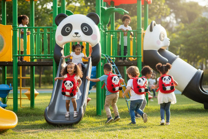 Red plush panda children’s school bag backpack with cartoon panda face and ears.