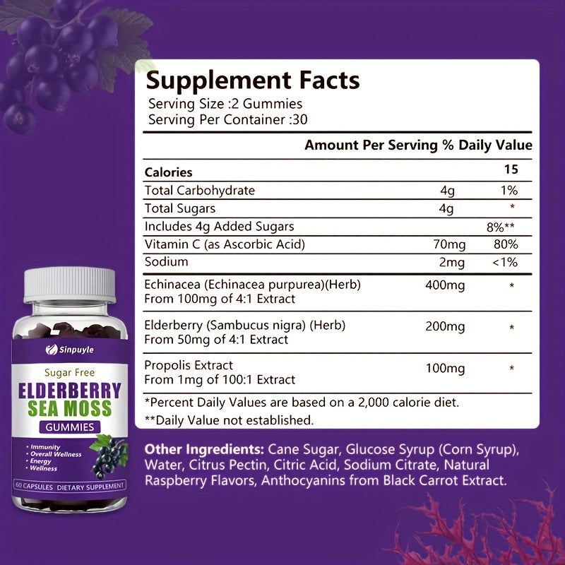Supplement facts label panel on Sinpuyile bottle, serving size and ingredients.
