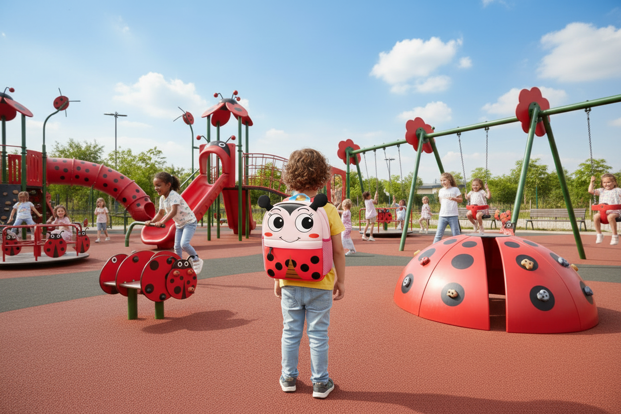 Cartoon ladybug kids backpack with smiling face, red shell and black spots, front pouch