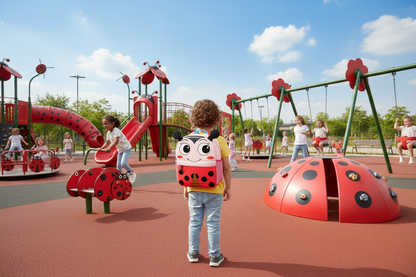 Cartoon ladybug kids backpack with smiling face, red shell and black spots, front pouch