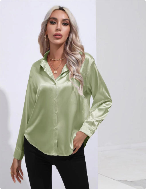 Light green satin button-up shirt with long sleeves and pointed collar
