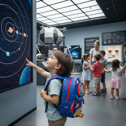 Kids blue astronaut backpack with back rocket and planet decals