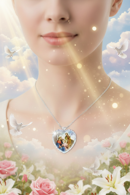 Silver heart pendant necklace with jeweled heart scene, fine chain visible