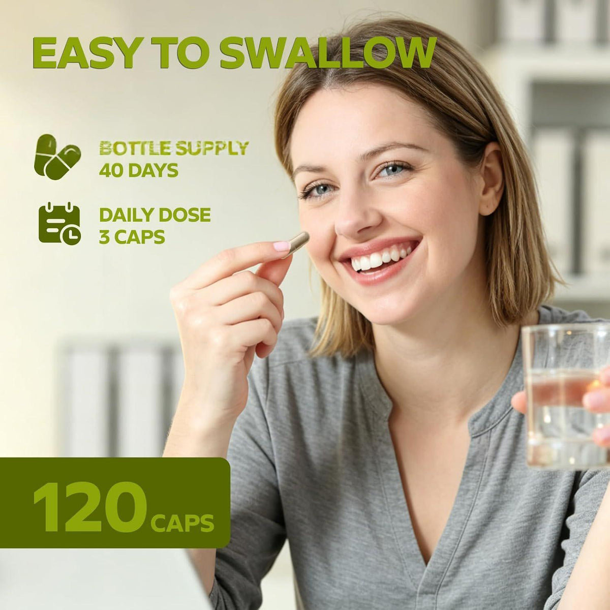 Milk thistle capsules bottle with gold cap and green label, easy-to-swallow concept