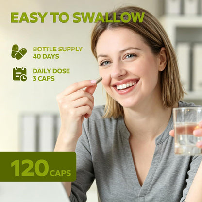 Milk thistle capsules bottle with gold cap and green label, easy-to-swallow concept
