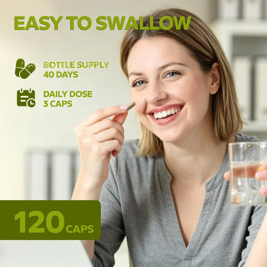 Milk thistle capsules bottle with gold cap and green label, easy-to-swallow concept
