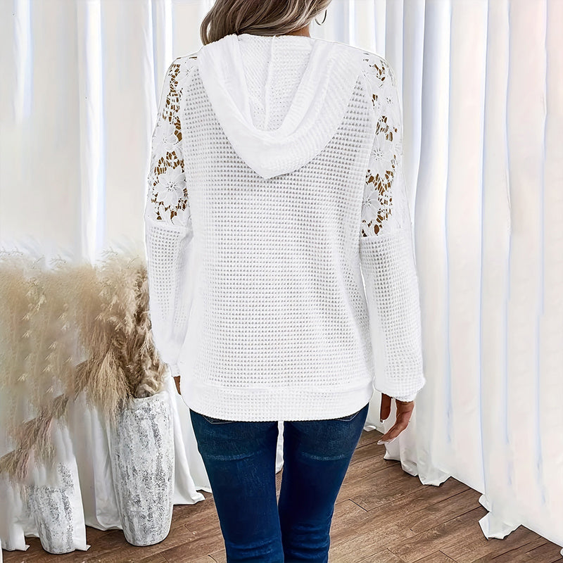 Women's Solid Color Casual Sweatshirt With Lace-Trimmed Sheer Sleeves & Large Lace Pockets, Pullover Hoodie