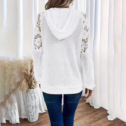 Women's Solid Color Casual Sweatshirt With Lace-Trimmed Sheer Sleeves & Large Lace Pockets, Pullover Hoodie