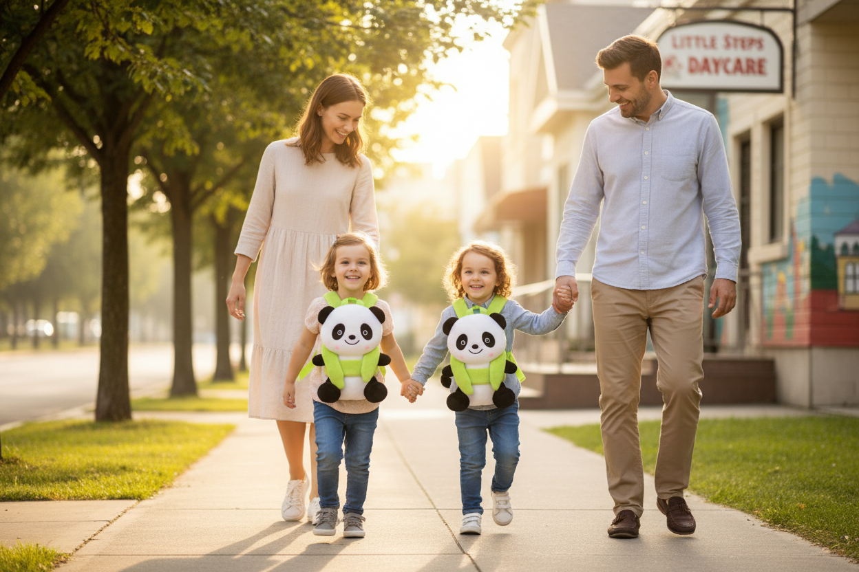 Plush panda children's backpack with black-and-white face and green accents