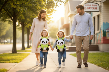 Plush panda children's backpack with black-and-white face and green accents