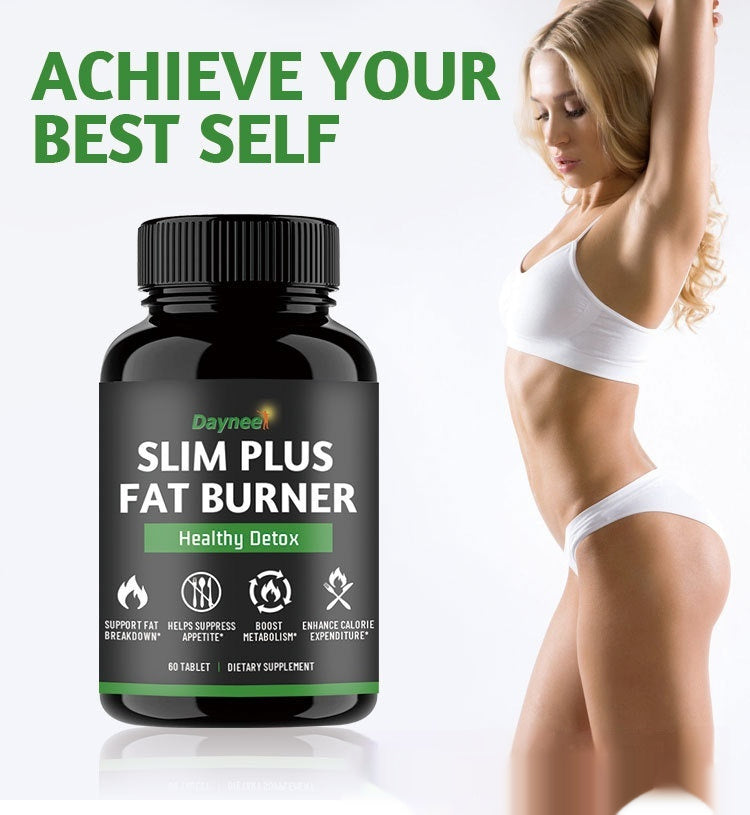 Black Dayneel fat burner supplement bottle with green Healthy Detox label beside woman