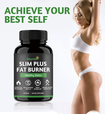 Black Dayneel fat burner supplement bottle with green Healthy Detox label beside woman