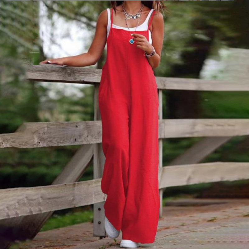 Plus Size Women's Solid Color Casual Jumpsuit - Sleeveless Romper With Pockets