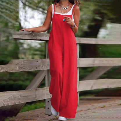 Plus Size Women's Solid Color Casual Jumpsuit - Sleeveless Romper With Pockets