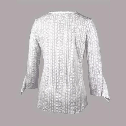 Women's Round Neck Lace Trim Semi-Sheer Blouse - Sexy Half Sleeve Hollow Out Top For Spring&Summer