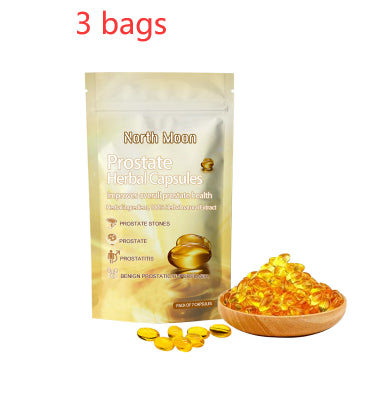 Set of three herbal capsule pouches with golden capsules and a wooden bowl
