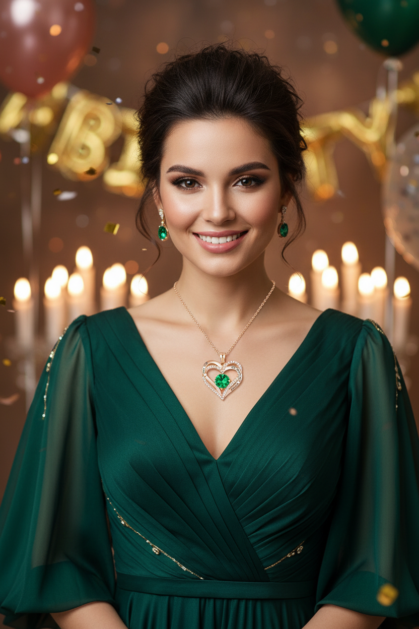 Silver heart pendant necklace with green gemstone on a delicate chain