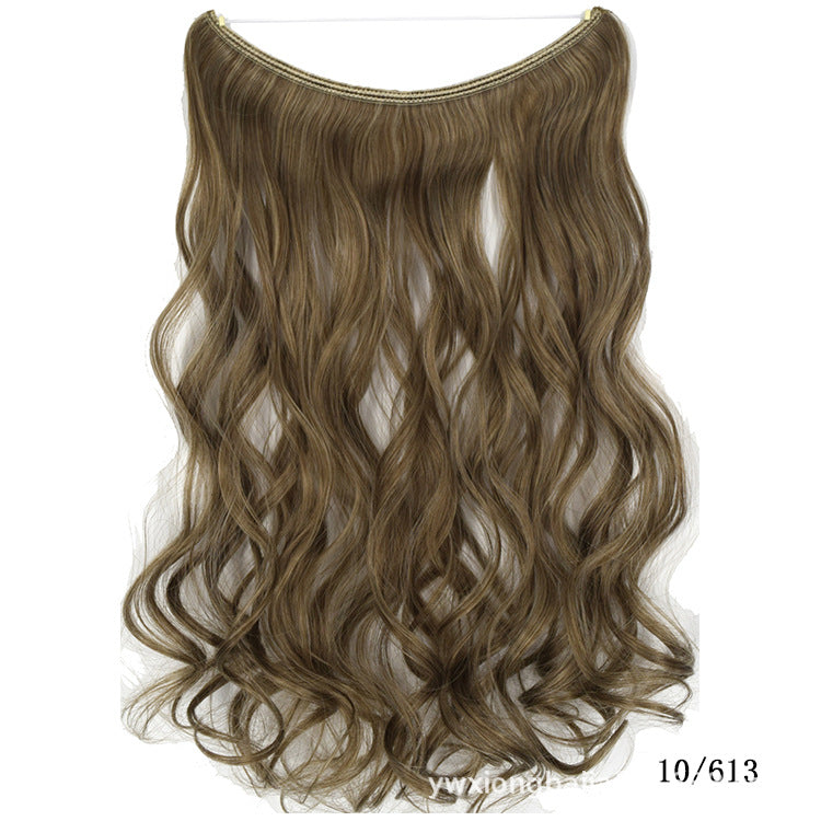 Seamless one-piece hair extension wig in brown with highlights, wavy long style