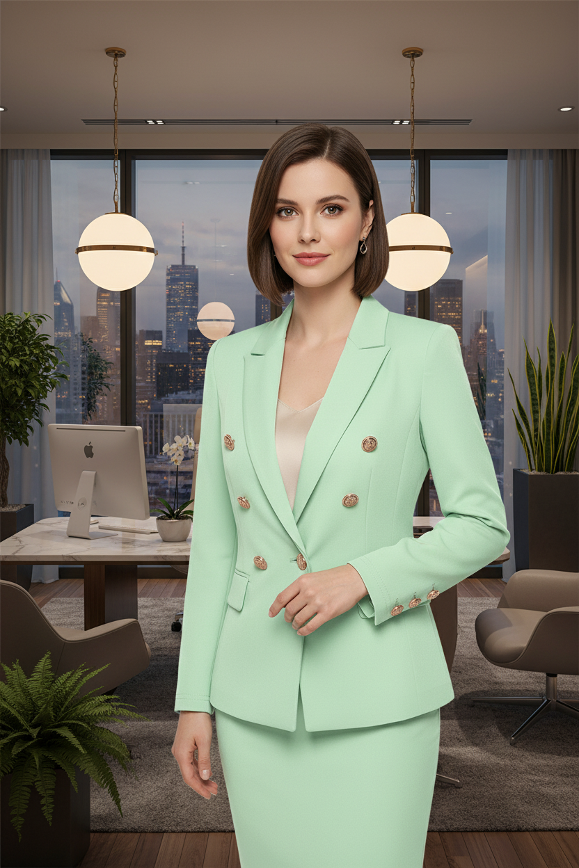 Women’s double-breasted long-sleeve top with button cuffs, mint green with gold buttons