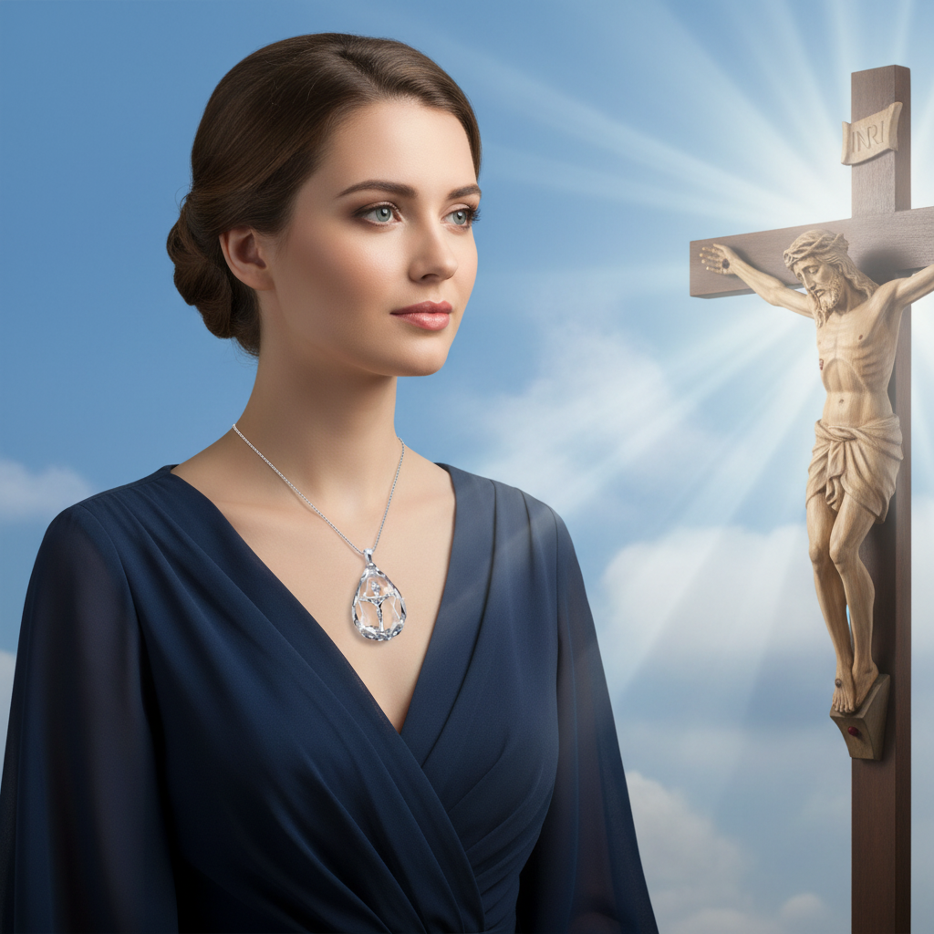 Silver-tone crystal crucifix pendant necklace in teardrop charm shape
