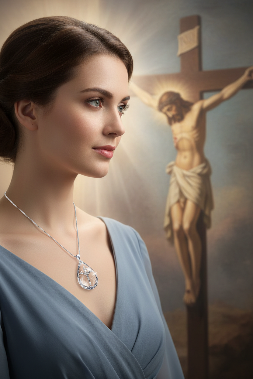 Close-up: crystal cross teardrop pendant necklace on a delicate silver-toned chain