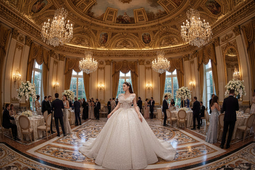 Sparkly one-shoulder wedding dress with fitted bodice and long trailing skirt