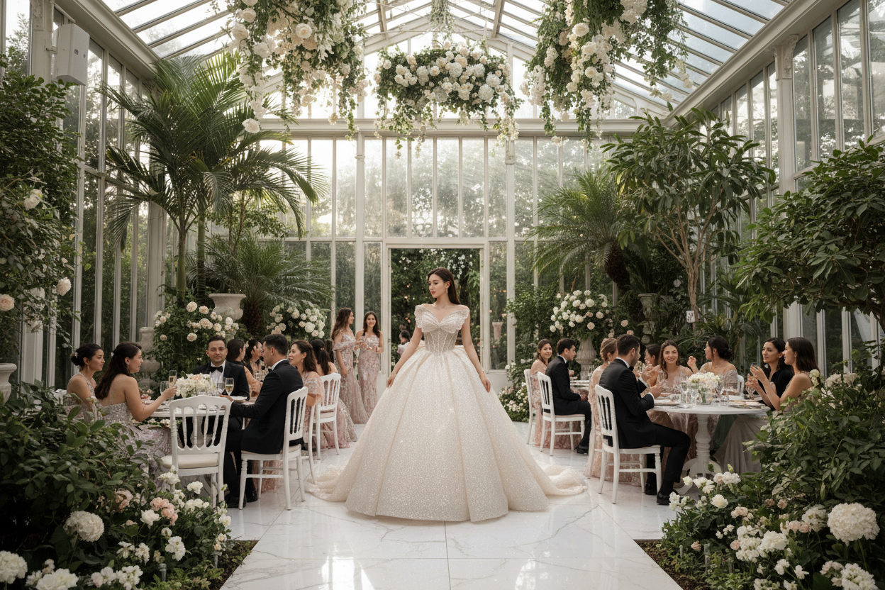 One-shoulder glitter bridal gown with full skirt and long train along an indoor aisle
