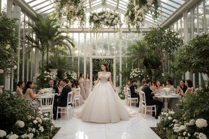 One-shoulder glitter bridal gown with full skirt and long train along an indoor aisle