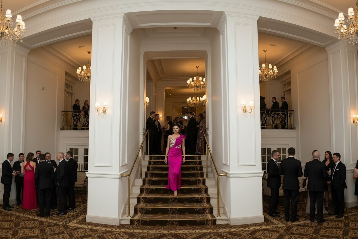 Fuchsia bandage one-piece dress with feathered shoulder accents and fitted high waist
