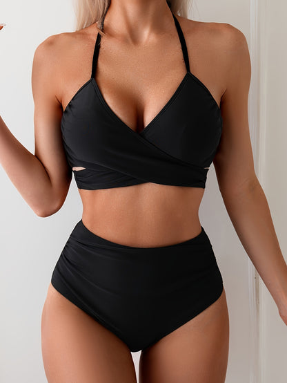 Women's Halter Swimsuit Bikini Two-piece Solid Color Cross Chest