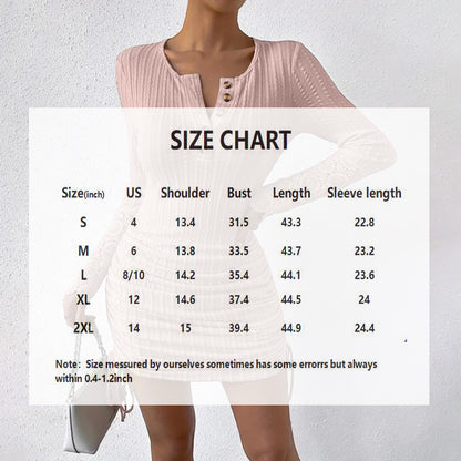 Women's Elegant Bodycon Dress - Round Neck With Button Detail, Solid Color Long Sleeve Lace Cuff & Drawstring Hem Holiday Dress