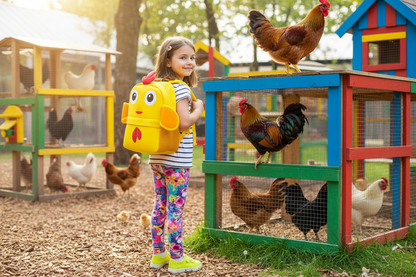 Yellow chicken cartoon backpack with red beak and front pocket, toddler size.