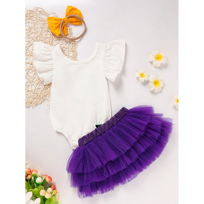 Baby Girls' Mardi Gras Outfit Set Ruffle Sleeve Letter Print Bodysuit, Mesh Tutu Skirt & Hairband