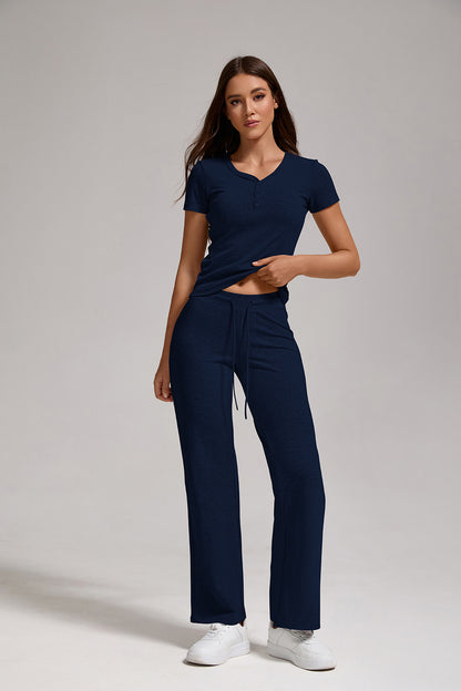 Women's Casual Two-piece Set With V-neck Button, Short Sleeved, Low Waisted Flared Pants, Sportswear