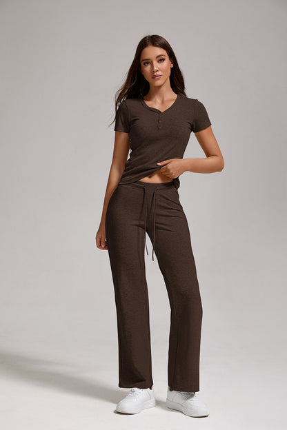 Women's Casual Two-piece Set With V-neck Button, Short Sleeved, Low Waisted Flared Pants, Sportswear