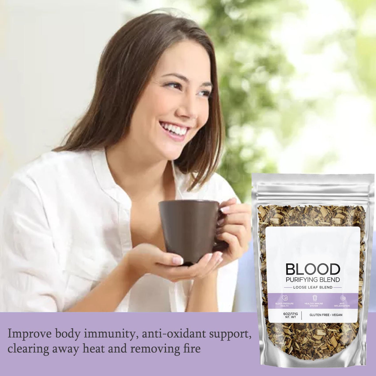 Blood purifying blend loose-leaf tea pouch with mug, held by a smiling woman