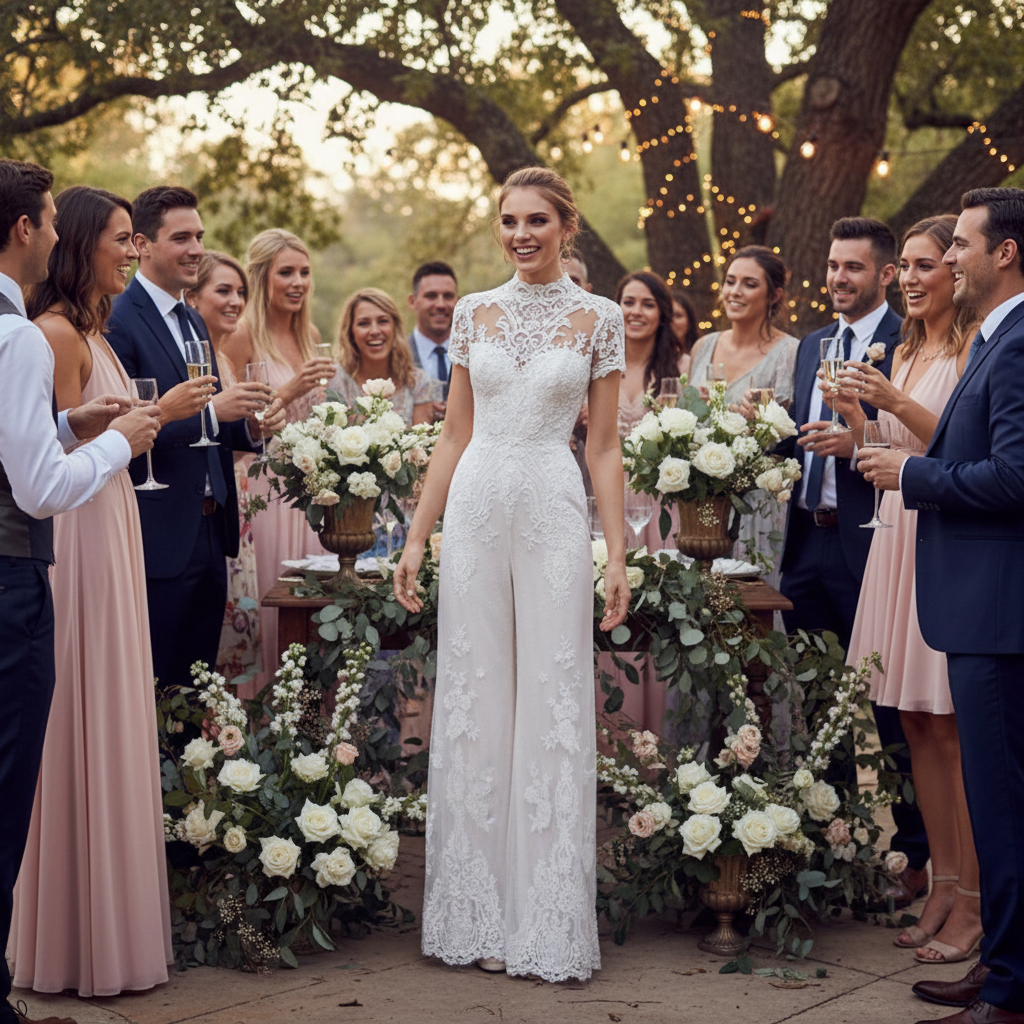 White lace bridal short-sleeve wide-leg jumpsuit with high neckline, full body