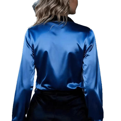Women's satin long-sleeve shirt back view, blue
