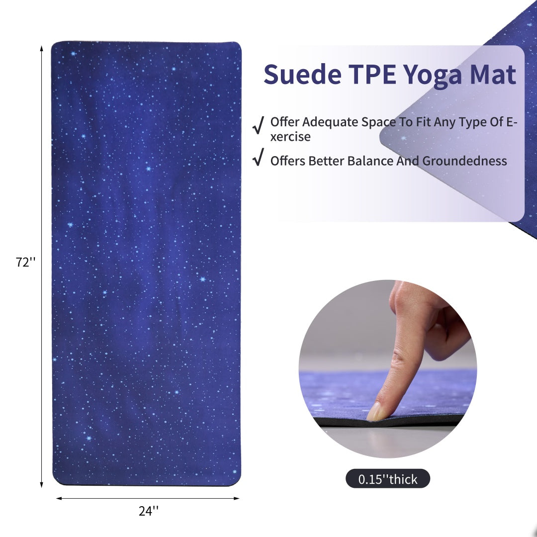Blue galaxy yoga mat, 72 x 24 in, suede TPE surface shown
