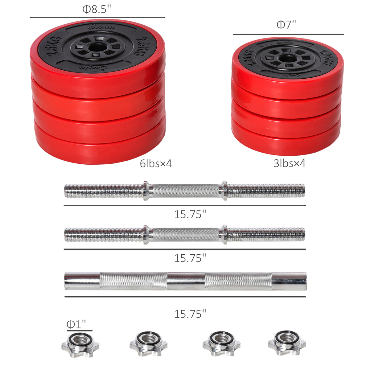 Red stacked weight plates and metal connector bars for adjustable dumbbell set parts