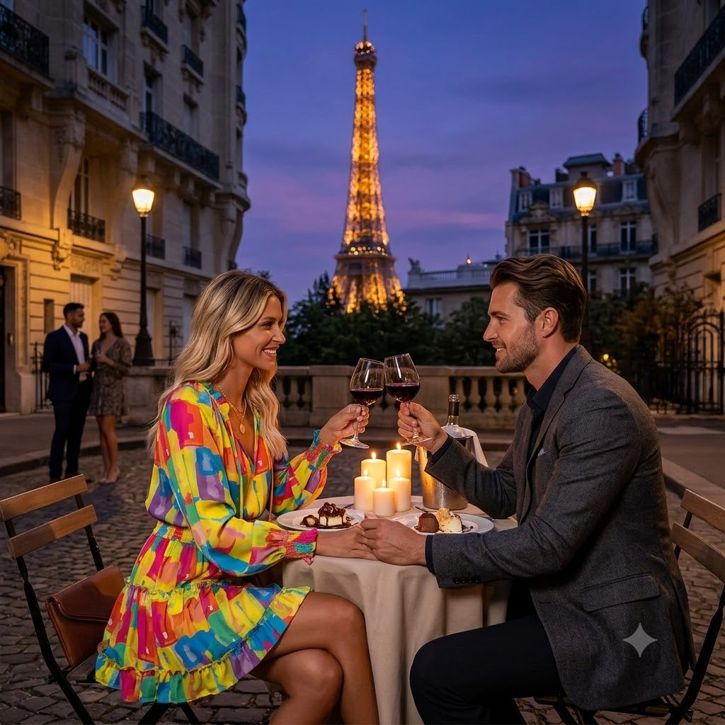 Long sleeve puff-waist dress with multicolor geometric print and V-neck