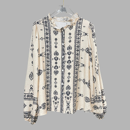 Women's Elegant Printed Blouse - Flowy Boho Shirt With Lantern Sleeves & Lace Trim, Vintage Ethnic Style Loose Top