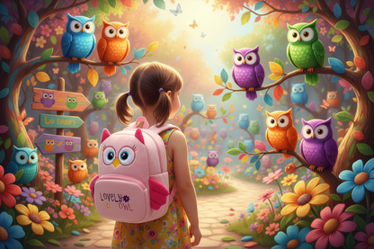 Kids backpack with owl face patch in light purple on pink front pocket