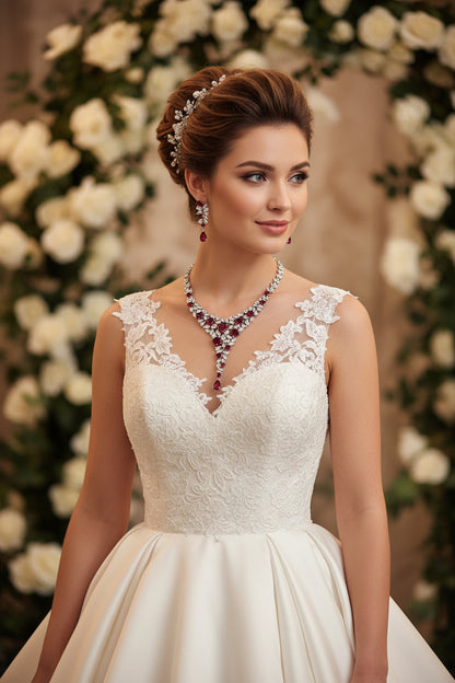 Zircon necklace and earring set with red-toned zircon drop earrings and matching necklace
