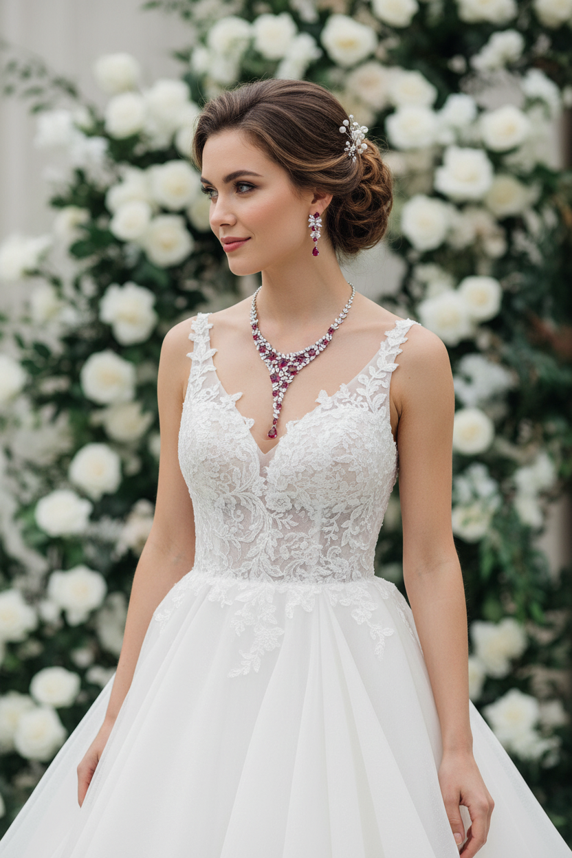 White wedding dress with pink and clear rhinestone necklace and matching drop earrings